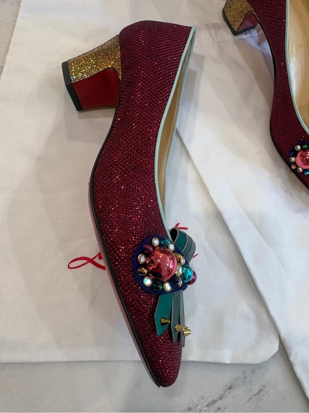 Christian Louboutin Red Glitter Pumps with Teal and Multicolor Embellishment - Picture 4 of 7